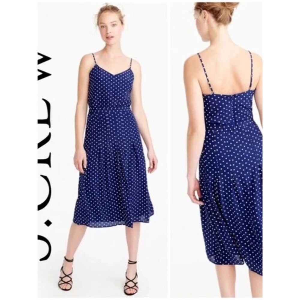 J. Crew Polka Dot 100% Silk Blouson Drop Pleat Midi Dress Size 12